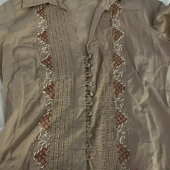 Girl Krazy TAN RUFFLEBUTTON FRONT BEADED EMBROIDED COLLARD V-NECK RUFFLE  SIZE S - Picture 2 of 10